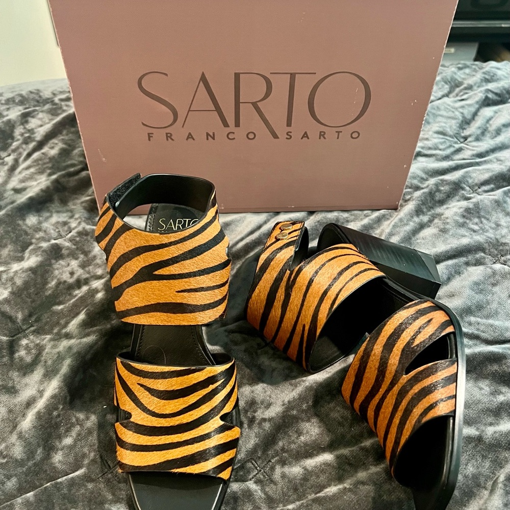 Franco Sarto Black and Orange Striped Heels